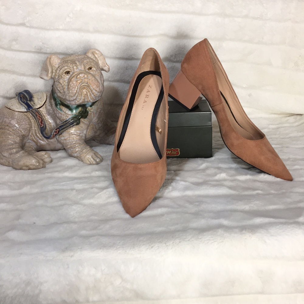 Zara Block Heel nude suede structural pumps